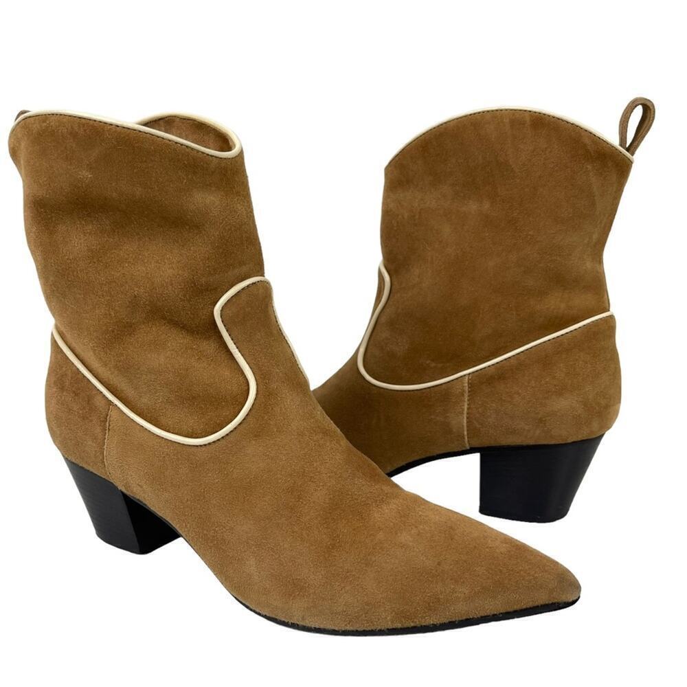 L`autre Chose Women's Leather Suede Pointed Western Heel Ankle Boots Size 38 Tan